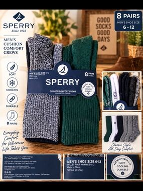 Sperry Men's Crew Socks - 8 Pairs